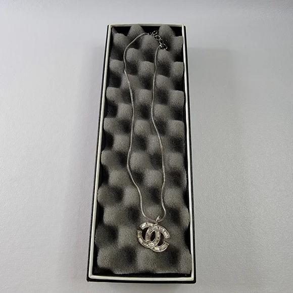 CHANEL CC Logo Rhinestone Silver Tone Necklace - Picture 6 of 10